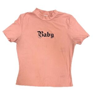 Y2K Fashion Nova Ribbed Mock Neck Baby Print Gothic Letters Pink Size XS-S